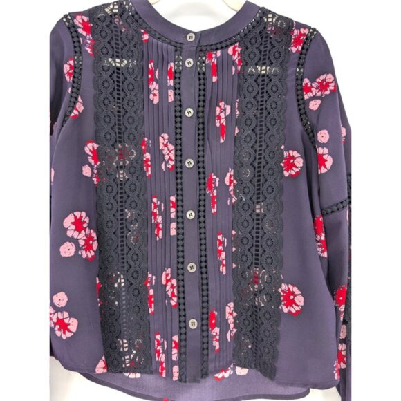 Sea New York Navy Silk Floral Lace Panel Button Up Coquette Blouse Size 2 - Picture 3 of 9